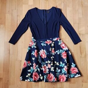 City Studio Navy Dress with Floral Skirt, 3/4 sleeve, Size 5,